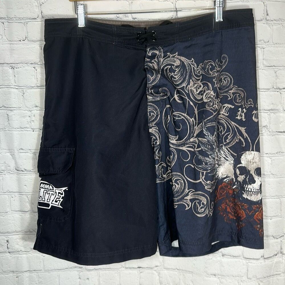 MMA ELITE Shorts Men’s 38 Black Skull Roses Board Swimwear‎ Trunks